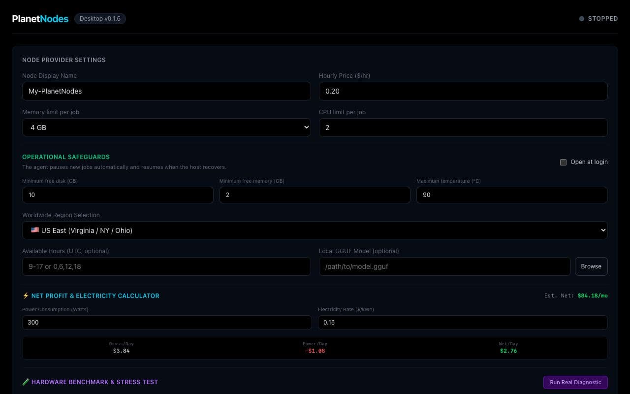 PlanetNodes Desktop provider settings showing price, resource limits, safeguards, and region.